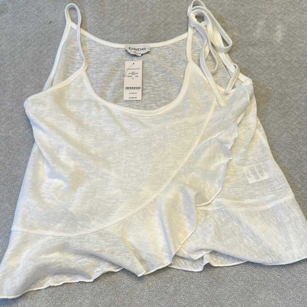 Bebe White Asymmetrical Tie Front Tank Top